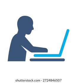Ícone do trabalhador do escritório azul plano vetor design homem laptop símbolo mesa trabalho funcionário gráfico elemento sinal
