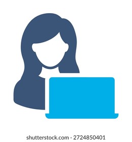 Ícone do trabalhador do escritório azul plano vetor design mulher símbolo do laptop secretário funcionário computador trabalho elemento gráfico sinal