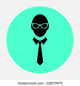 Office worker icon. Person symbol. Face cartoon with tie, glasses, like hand silhouette. Round black circle flat icon. Vector isolated