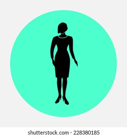 Office worker icon. Person symbol. Standing black silhouette of women in dress with haircut. Circle flat icon. Vector isolated