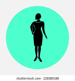 Office worker icon. Person symbol. Standing elegant women in dress document in hand. Round black circle flat icon. Vector isolated