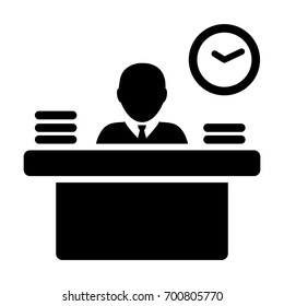 Office Worker Icon Person Working on Desk with files and books in Glyph Pictogram illustration