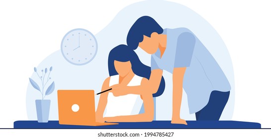 Office worker illustration. Co-working space with creative people sitting at the table. Business team working together at the big desk using laptops. Flat design style vector illustration.