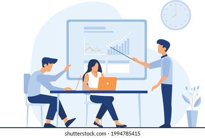 Office worker illustration. Creative people presentation setting, start-up discussion. Business team working together at the big desk using laptops. Flat design style vector illustration.