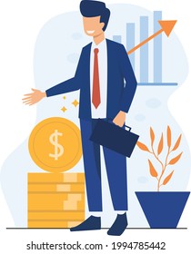 Office worker illustration. Creative people presentation setting, start-up discussion. Business team working together at the big desk using laptops. Flat design style vector illustration.
