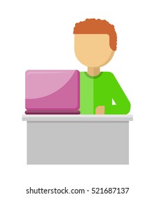 Office worker illustration in flat style design. Man works with laptop and analyzes website. Development solution, software development or construction. Search of innovations. Vector illustration