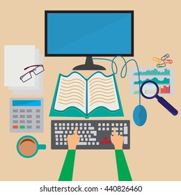 Office Worker, Illustration of manager working with computer in modern office workspace. Designer.