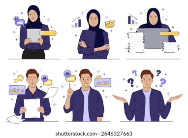 Ilustración de trabajador de oficina en aislado. Hombre de negocios y mujer de negocios con pañuelo en la cabeza con diversas acciones y actividades
