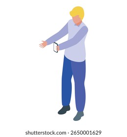 Trabalhador de escritório interagindo com aplicativo de realidade aumentada no smartphone, explorando elementos virtuais em exibição isométrica