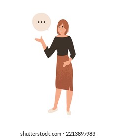 Office worker interaction, idea.
Communication and talking, happy working, brainstorming, discussion, working woman concept. Cartoon flat Woman standing and talking