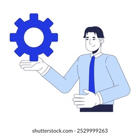 Office worker korean man holding cog gear 2D cartoon character. Corporate male shirt tie employee presenting cogwheel isolated person flat vector on white background. Spot illustration colorful