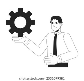 Office worker korean man holding cog gear black and white 2D line character. Corporate male shirt tie employee presenting cogwheel isolated vector outline person. Monochromatic spot illustration