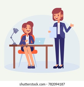 Office Worker With Lady Boss. Female Office Clerk Working At Her  Desk. Flat Style, Vector Illustration.