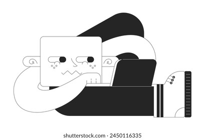 Office worker laptop black and white 2D illustration concept. Teleworker. Retro groovy cartoon outline character isolated on white. Cute geometric figure happy browsing metaphor monochrome vector art