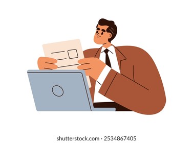 Trabalhador de escritório no notebook, segurando documento em papel comercial. Homem empregado segurando CV. Pessoa profissional com candidatura no trabalho. Ilustração de vetor plano isolada no plano de fundo branco