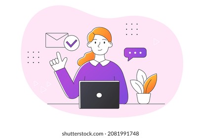 Office worker with laptop. Girl sends letters to customers, newsletters, brand promotion and information about promotions. Remote employee, freelancer, coworker. Cartoon flat vector illustration