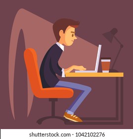 Office worker with laptop. Man freelancer working telecommuting with laptop siting at workplace teleworking. Telework mobile remote work working from home, WFH, flexible workplace. Vector.