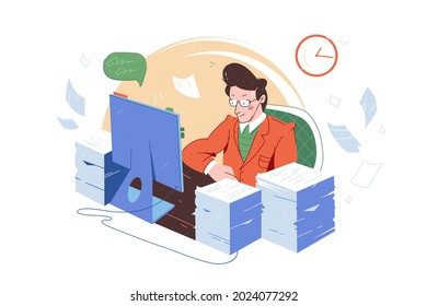 Office worker with large amount of work vector illustration. Tired employee with paper stack flat style. Clerk, workload, stress concept