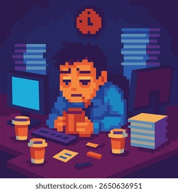 trabalhador de escritório tarde da noite, pixel art, ilustração eps 10.