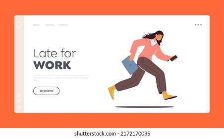 Office Worker Late for Work Landing Page Template. Young Fashioned Girl Running with Smartphone and Folder in Hands, Businesswoman Haste on Meeting, Female Character Hurry. Cartoon Vector Illustration