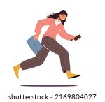 Office Worker Late at Work, Young Fashioned Girl Running with Smartphone and Folder in Hands, Student Run to University, Businesswoman Haste on Meeting, Character Hurry. Cartoon Vector Illustration