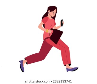 Office Worker Late at Work, Young Fashioned Girl Running with Smartphone and Folder in Hands.