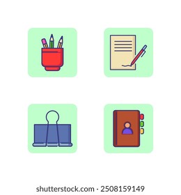 Office worker line icon set. Address book, binder clip, pencil stand and documents. Job concept. Vector illustration for web design and apps