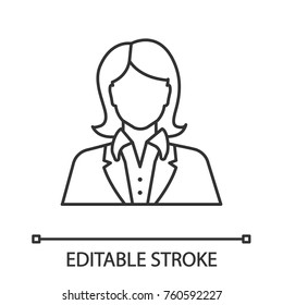 Office worker linear icon. Businesswoman, admin, manager, secretary, receptionist. Thin line illustration. Contour symbol. Vector isolated outline drawing. Editable stroke