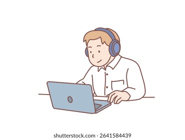 Office worker listening to music, young man working on laptop in headphones, freelancer workplace, employee cabinet, project manager workflow. Hand drawn style vector design illustrations.