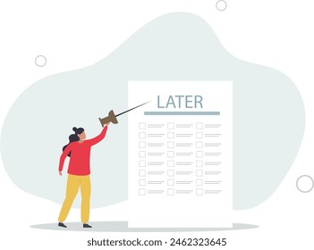 office worker look at long list of later todo list paper note pinned on the wall.flat vector illustration.