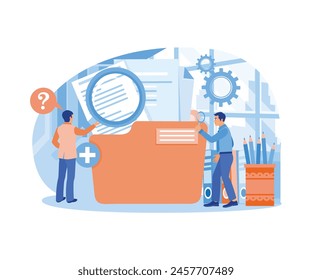 An office worker looks for files using a magnifying glass. File manager, data storage and indexing. Storage concept. Flat vector illustration.