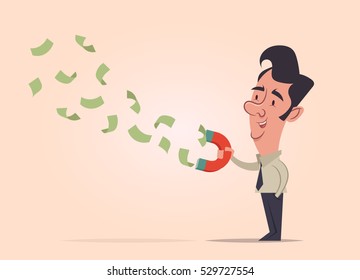 Office Worker with Magnet Collecting a Lot of Money. Vector Illustration