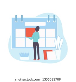 Office Worker Make Schedule, Businessman Planning and Controlling Working Time, Business Concept of Time Management Vector Illustration