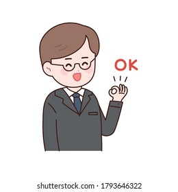 An office worker making an ok gesture with his hand.