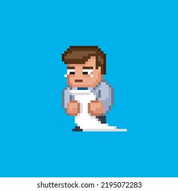 Office worker male character crying looking at the long document - bill or to-do list. 8 bit business pixel art retro cartoon illustration