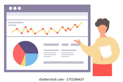 Office worker male character near information poster with digital indicators and charts. Report presentation statistical analysis, business lecture, educational video conference, online learning