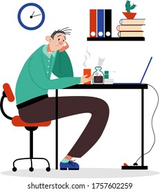 Office worker male character sitting with headache, man drink medical drug therapeutic infusion cough isolated on white, flat vector illustration. Person sick viral disease stressful health condition.