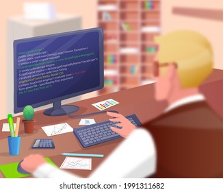 Office worker male character sitting at table with computer programmer writes program code. Businessman working at office workplace typing on keyboard. Young man enterpreneur performs work on computer