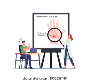 Office Worker Male Character Suffer of Carpal Tunnel Syndrome due to Median Nerve Compression in Wrist after Long Working on Pc. Health Problem, Doctor Infographics. Cartoon People Vector Illustration