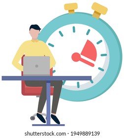 Office worker male character at table with laptop. Businessman or clerk working at office workplace