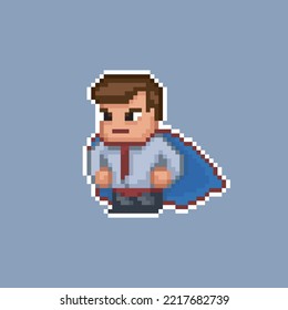 Office worker male character wearing a cape and red pants - business super hero. 8 bit pixel art retro cartoon illustration isolated white outline