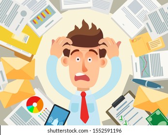 Office worker, male under stress at work, a lot of work. Do not keep up to the deadline. Dizzy, intense workflow, headache in office.  Business vector illustration, flat design cartoon style.