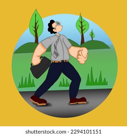 
an office worker man with a bag
 in his hand was walking towards the office with blue sky mountains and trees