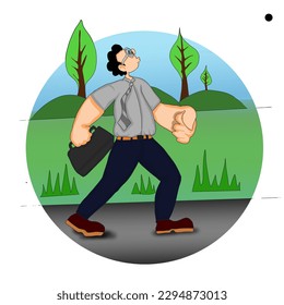an office worker man with a bag
 in his hand was walking towards the office with a backdrop of mountains and blue sky, with an empty background