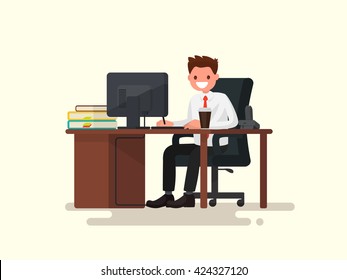 Office worker man behind a desktop. Vector illustration of a flat design