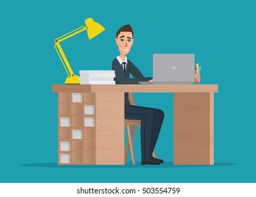 Office worker man behind a desktop. Vector creative color illustrations flat design in flat modern style.