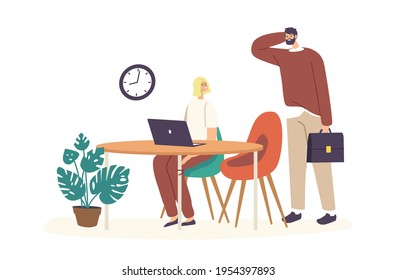 Office Worker Man being Late at Work. Unpunctual Manager Male Character wear Sloppy Clothes Scratching Head near Business Colleague Sitting at Desk with Laptop. Cartoon People Vector Illustration