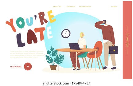 Office Worker Man being Late at Work Landing Page Template. Unpunctual Manager Male Character Scratching Head near Business Colleague Sitting at Desk with Laptop. Cartoon People Vector Illustration