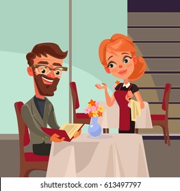 Office worker man character doing order and talks to woman waiter. Vector flat cartoon illustration