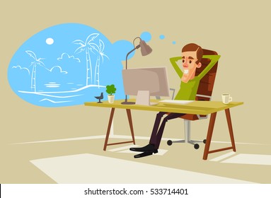 Office worker man character dreaming about vacation. Vector flat cartoon illustration
